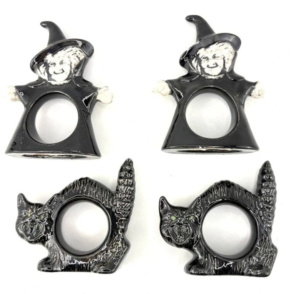 Halloween Napkin Rings Set of 4 - Witches & Black Cats Ceramic